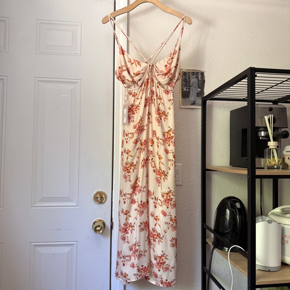 NWT AQUARI cream orange floral cutout sleeveless midi dress